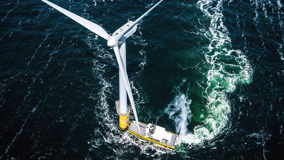 Aerial shot of a CTV Windcat 44 at a wind turbine.