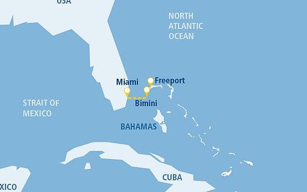 Map of the route Miami to Bimini.