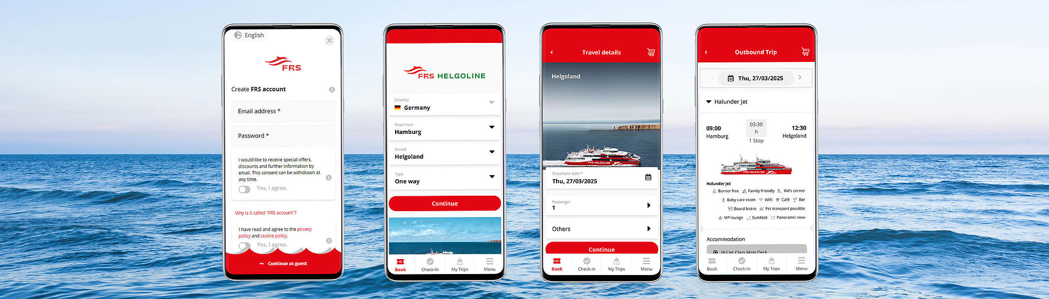 Four phones lying next to each other, showing the app.