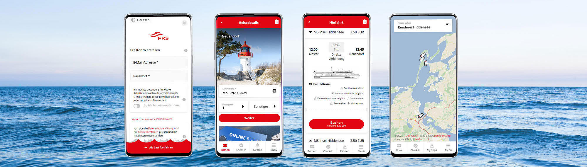 Vier Handys nebeneinander mit Bildern der App.