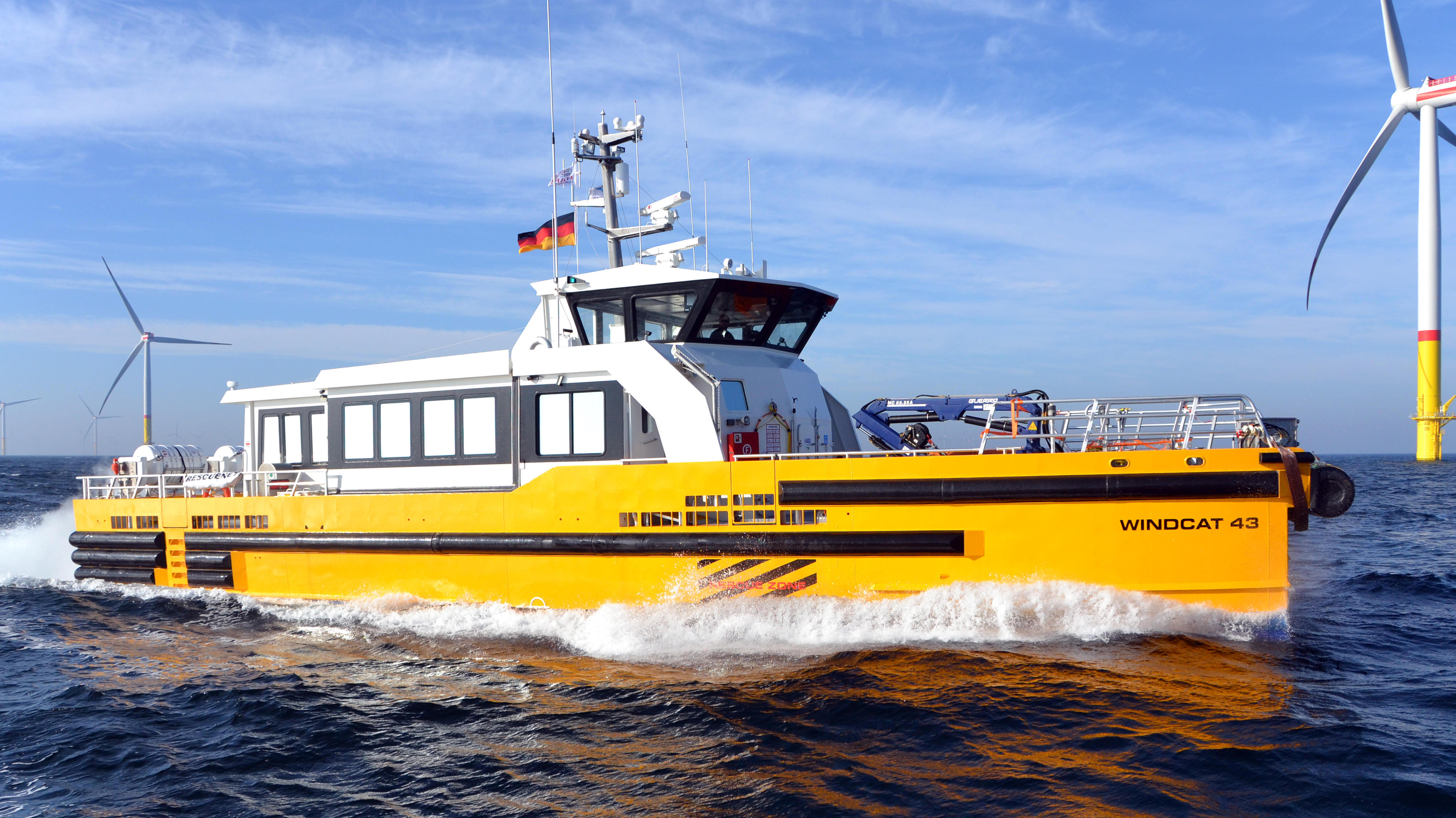 CTV Windcat 43 from starside in a wind farm.