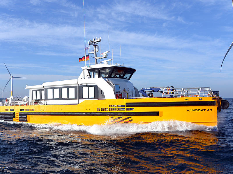 CTV Windcat 43 from starside in a wind farm.