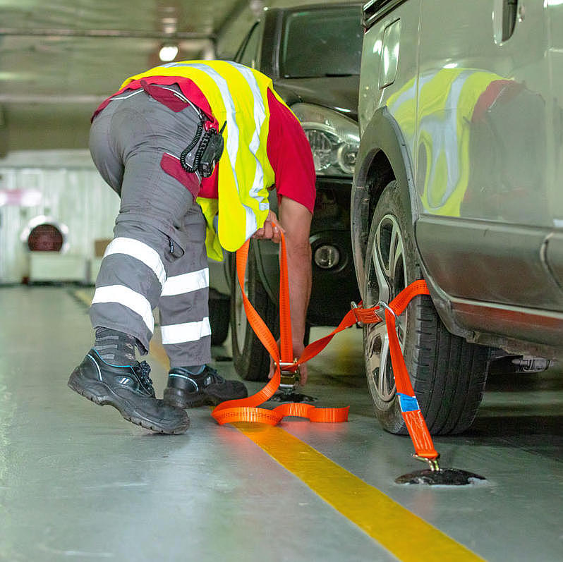 Security measure for cars on a ferry.